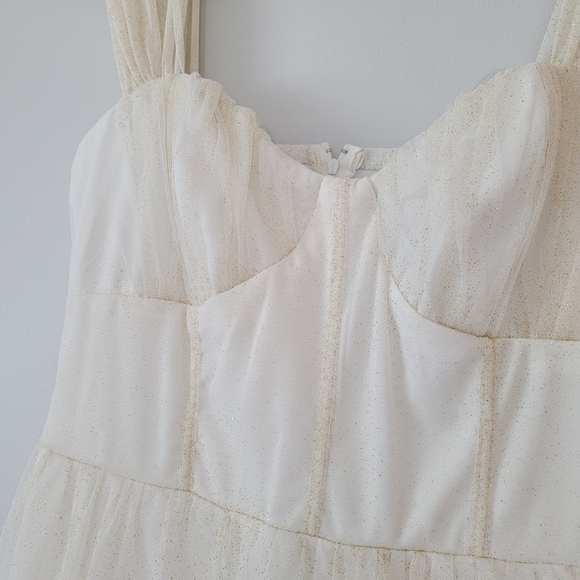 NEW CRYSTALL DOLL Gold Sparkle Glitter White Outer Mesh Sleeveless Maxi Dress - Picture 8 of 15